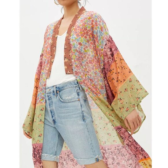 Anthropologie Bl^nk London Floral Colorblock Longline Kimono - Picture 1 of 6